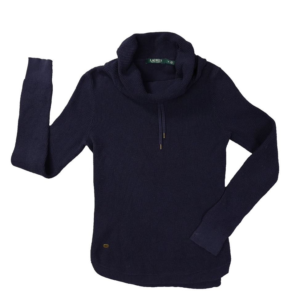 Lauren Ralph Lauren Waffle Knit Thermal Shirt Womens Small Navy Blue Preppy Cowl